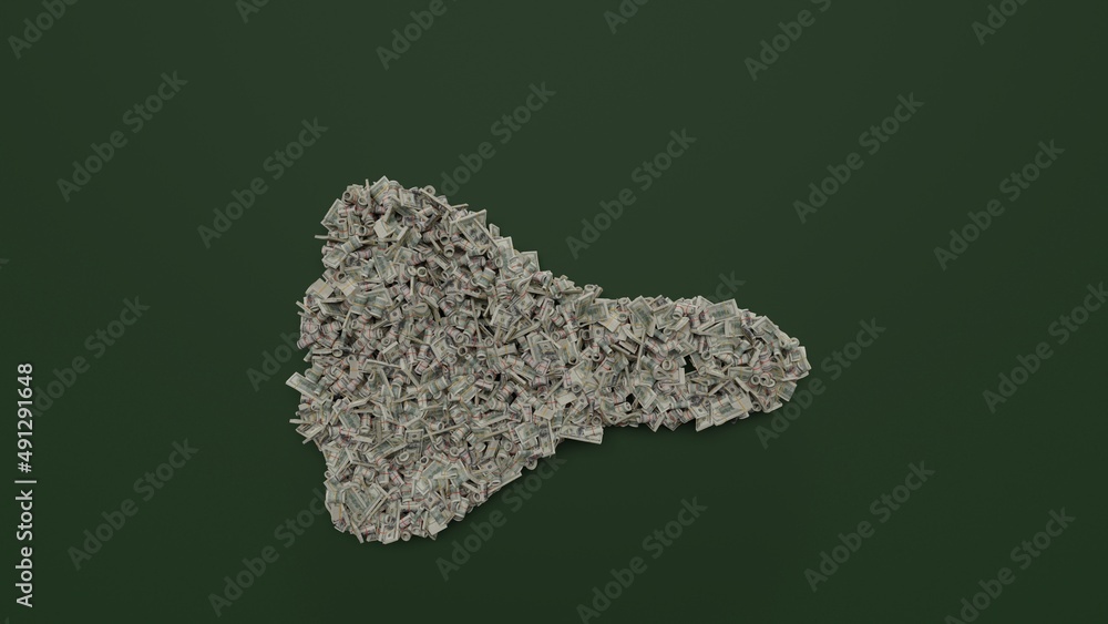 Poster 3d rendering of dollar cash rolls and stacks in shape of symbol of space shuttle on green background