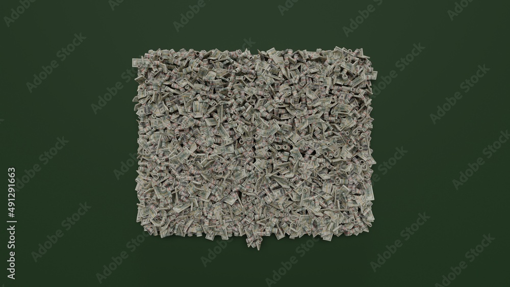 Poster 3d rendering of dollar cash rolls and stacks in shape of symbol of reading on green background