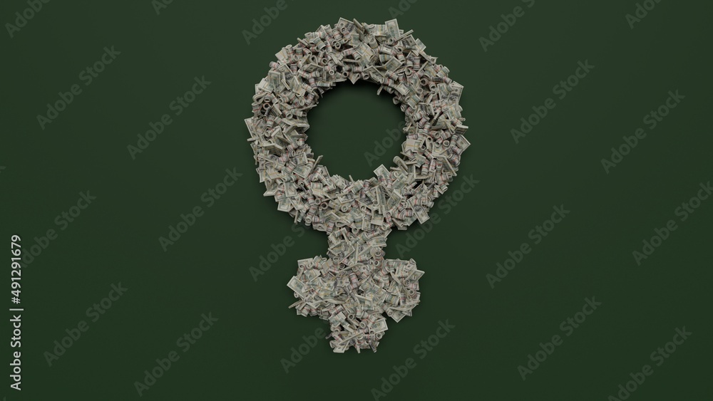 Poster 3d rendering of dollar cash rolls and stacks in shape of symbol of venus on green background