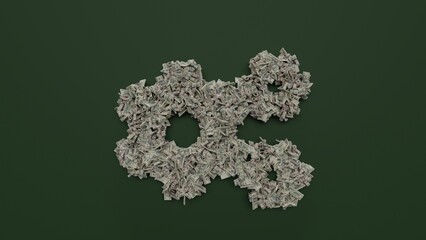 3d rendering of dollar cash rolls and stacks in shape of symbol of cogwheels on green background