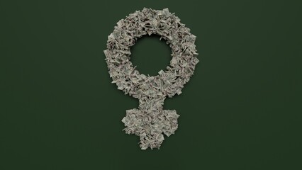 3d rendering of dollar cash rolls and stacks in shape of symbol of Venus on green background