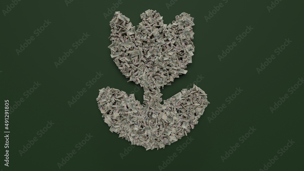Poster 3d rendering of dollar cash rolls and stacks in shape of symbol of makro or tulip on green backgroun