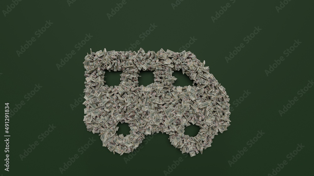 Poster 3d rendering of dollar cash rolls and stacks in shape of symbol of shuttle van on green background