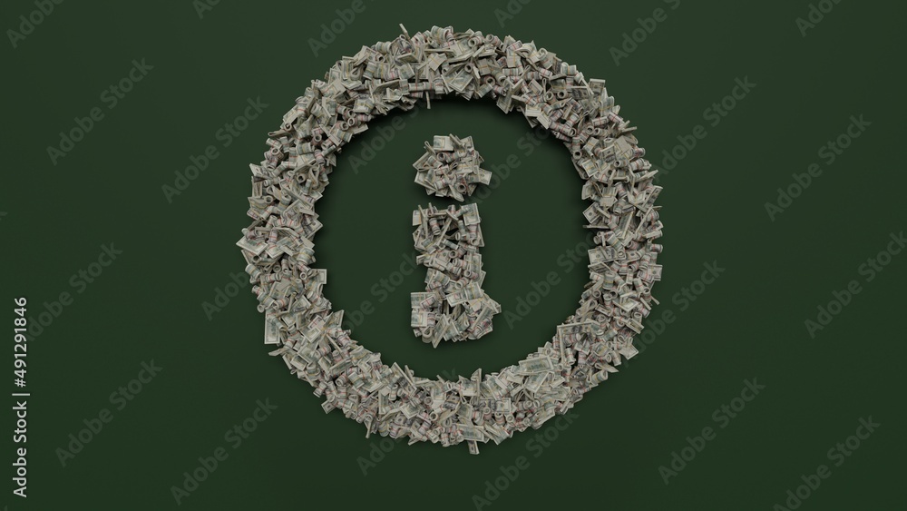 Poster 3d rendering of dollar cash rolls and stacks in shape of symbol of info on green background