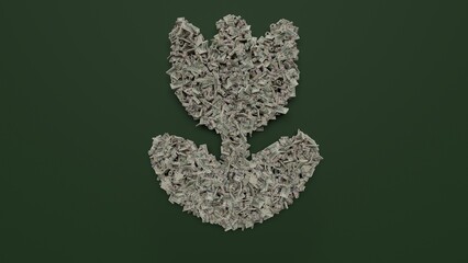 3d rendering of dollar cash rolls and stacks in shape of symbol of makro or tulip on green background