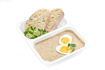 Tasty box diet. White borscht with egg, Easter. - obrazy, fototapety, plakaty