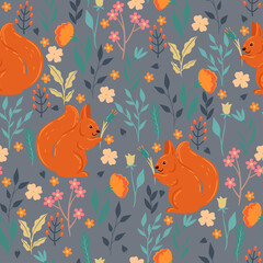 Seamless pattern with cute squirrels and flowers. Vector graphics.