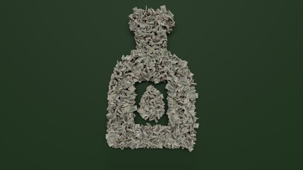 3d rendering of dollar cash rolls and stacks in shape of symbol of oil on green background