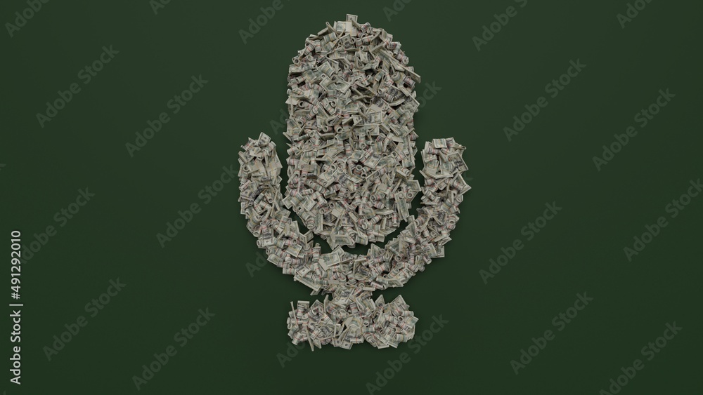 Poster 3d rendering of dollar cash rolls and stacks in shape of symbol of microphone on green background
