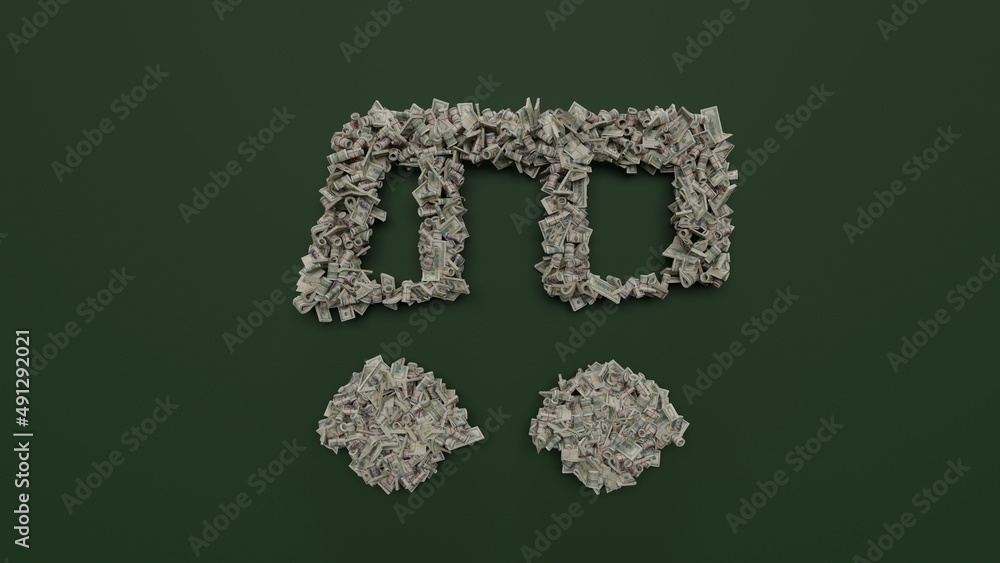 Poster 3d rendering of dollar cash rolls and stacks in shape of symbol of public bus on green background