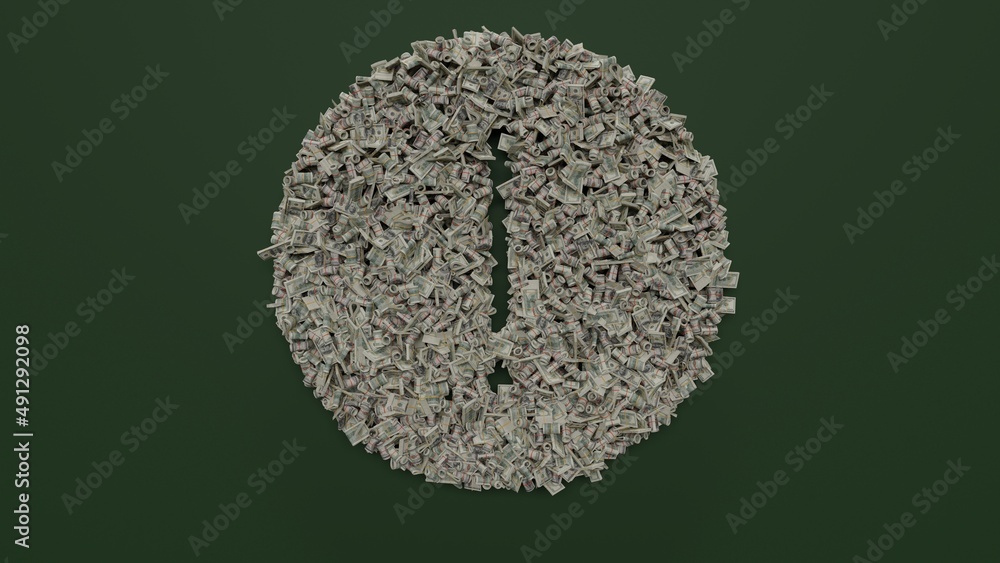 Poster 3d rendering of dollar cash rolls and stacks in shape of symbol of warning on green background