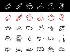 Set of public transport related vector line icons. Contains icons such as bus, bike, suitcase, car, scooter, truck, transport, trolley bus, sailboat, motor boat, plane and much more. Editable stroke