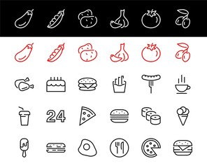 A simple set of fast food icons related to the vector line. Contains icons such as pizza, burger, sushi, bike, scrambled eggs and more. EDITABLE stroke. EPS 10