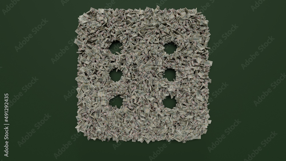 Poster 3d rendering of dollar cash rolls and stacks in shape of symbol of dice six on green background