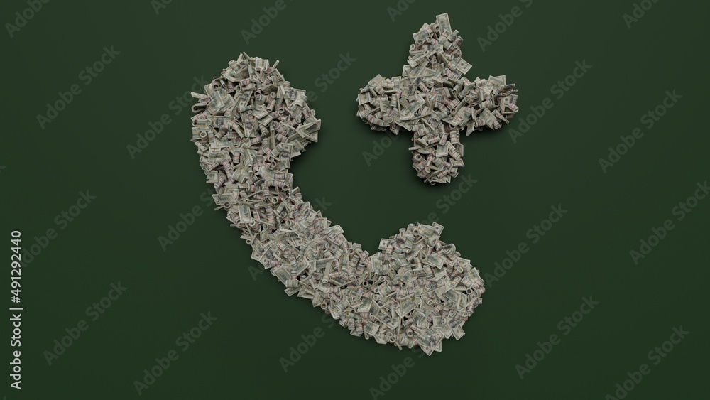Poster 3d rendering of dollar cash rolls and stacks in shape of symbol of technology on green background