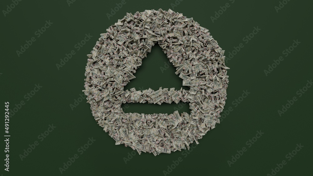 Poster 3d rendering of dollar cash rolls and stacks in shape of symbol of eject on green background