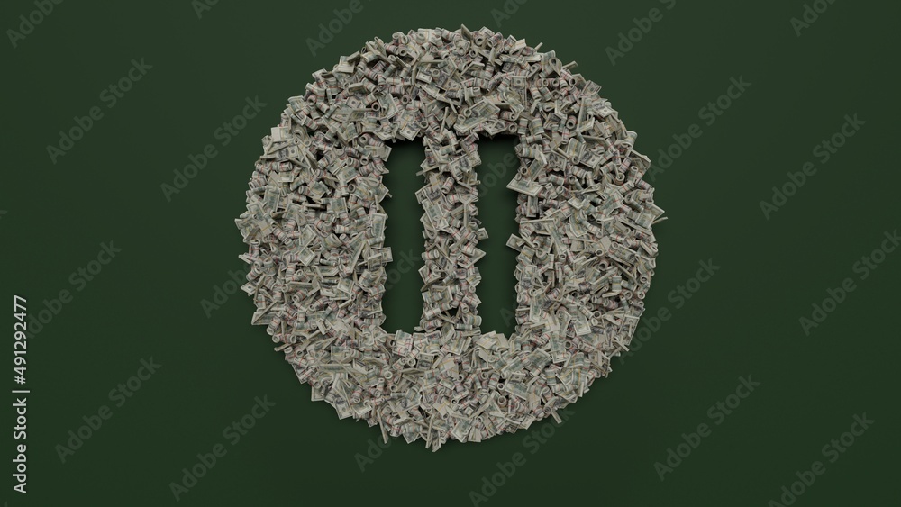 Poster 3d rendering of dollar cash rolls and stacks in shape of symbol of pause on green background