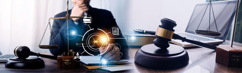 Business and lawyers discussing contract papers with brass scale on desk in office. Law, legal services, advice, justice and law concept picture with film grain effect