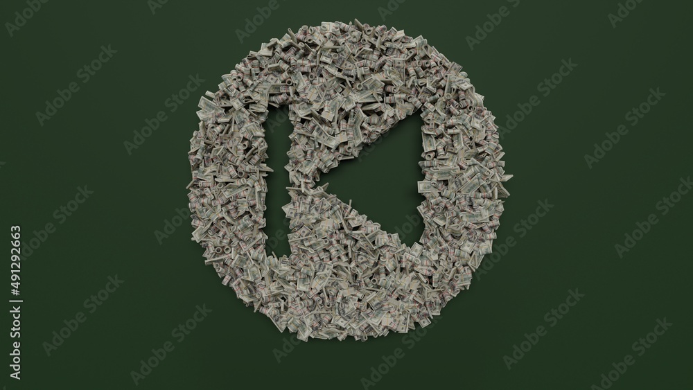 Poster 3d rendering of dollar cash rolls and stacks in shape of symbol of previous on green background