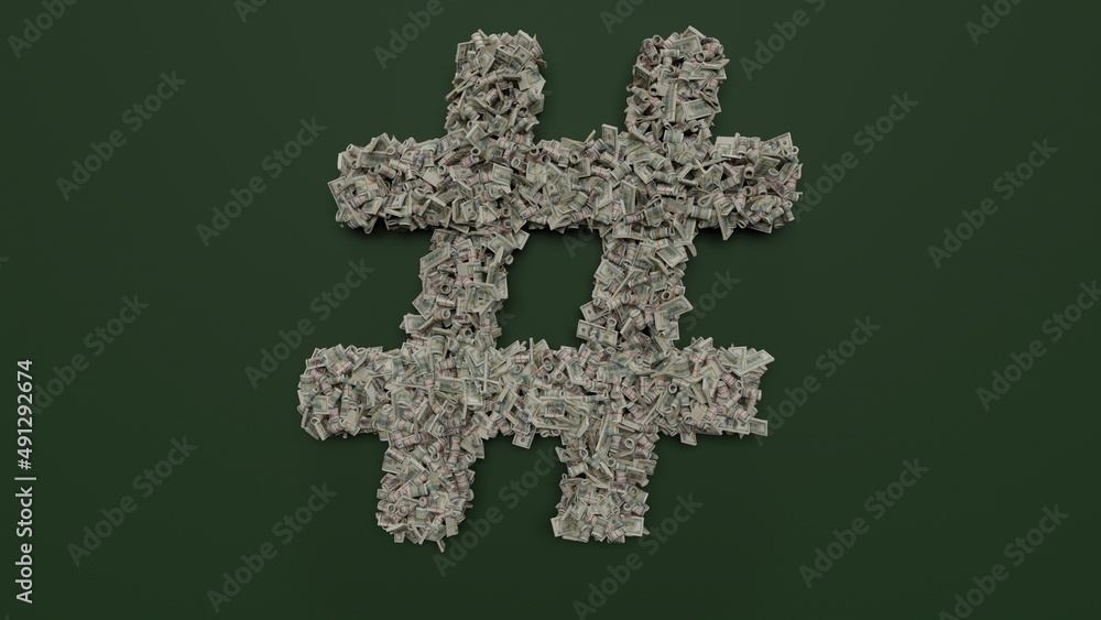 Poster 3d rendering of dollar cash rolls and stacks in shape of symbol of hashtag on green background