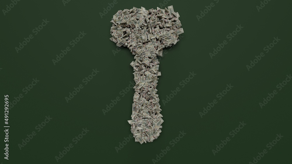 Poster 3d rendering of dollar cash rolls and stacks in shape of symbol of razor on green background