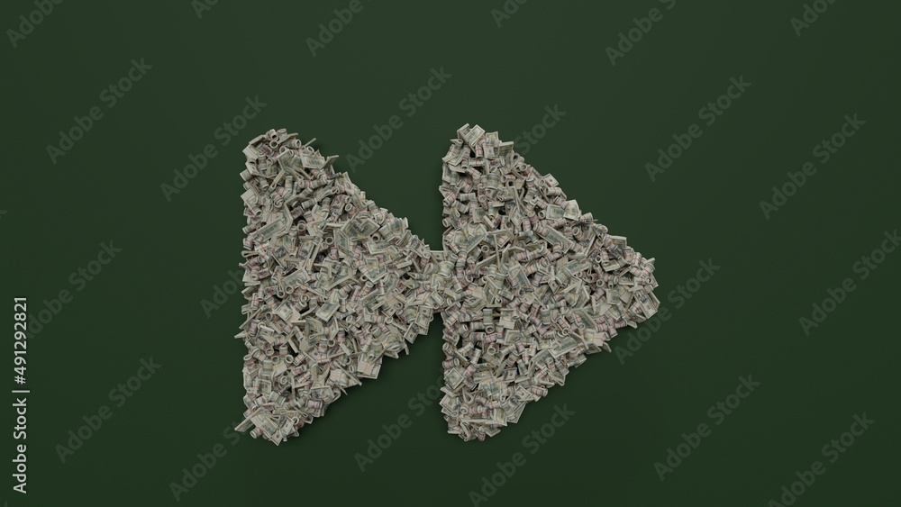 Poster 3d rendering of dollar cash rolls and stacks in shape of symbol of forward on green background