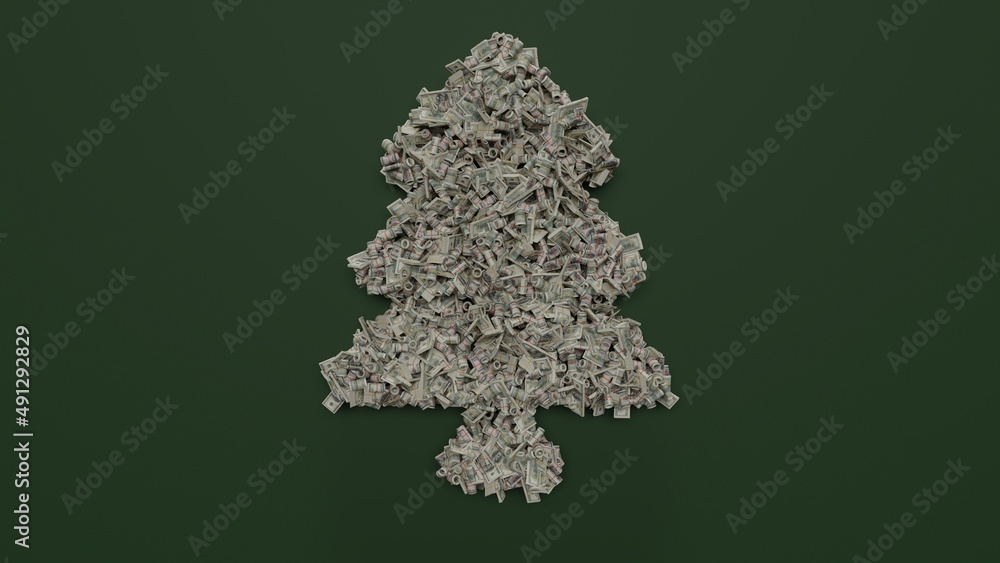 Poster 3d rendering of dollar cash rolls and stacks in shape of symbol of tree on green background
