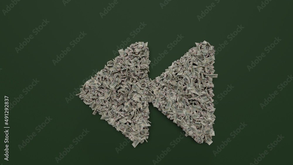 Poster 3d rendering of dollar cash rolls and stacks in shape of symbol of backward on green background