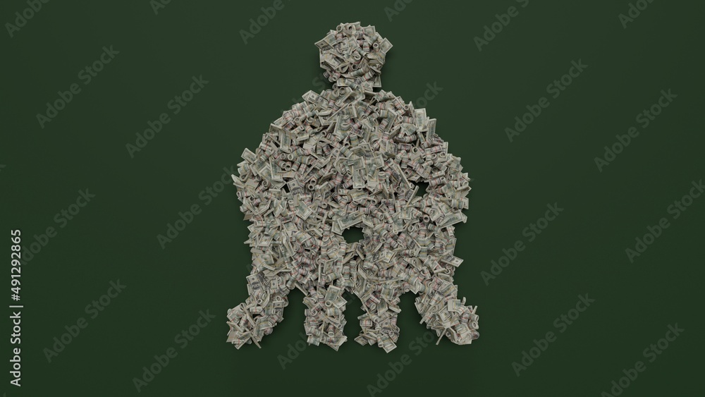 Poster 3d rendering of dollar cash rolls and stacks in shape of symbol of alien on green background