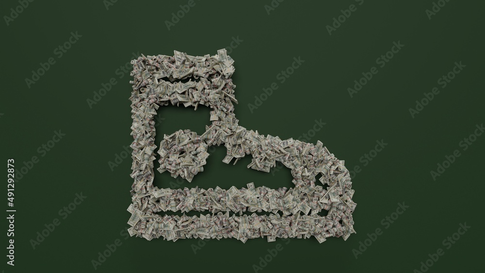 Poster 3d rendering of dollar cash rolls and stacks in shape of symbol of converse shoe on green background
