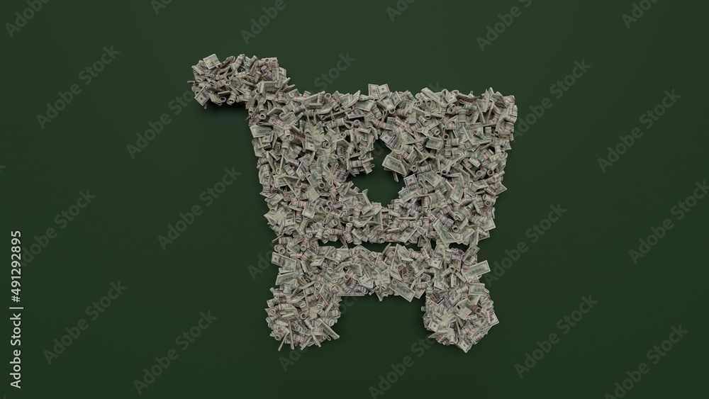 Poster 3d rendering of dollar cash rolls and stacks in shape of symbol of cart arrow down on green backgrou