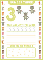 Printable preschool handwriting number 3 worksheet - Digital download - tracing and spelling numbers - instant download