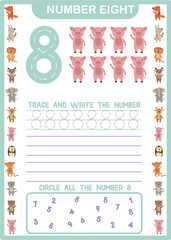 Printable preschool handwriting number 8 worksheet - Digital download - tracing and spelling numbers - instant download