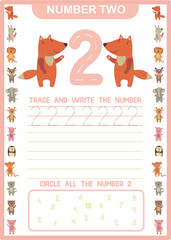 Printable preschool handwriting number 2 worksheet - Digital download - tracing and spelling numbers - instant download