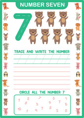 Printable preschool handwriting number 7 worksheet - Digital download - tracing and spelling numbers - instant download