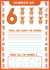 Printable preschool handwriting number 6  worksheet - Digital download - tracing and spelling numbers - instant download