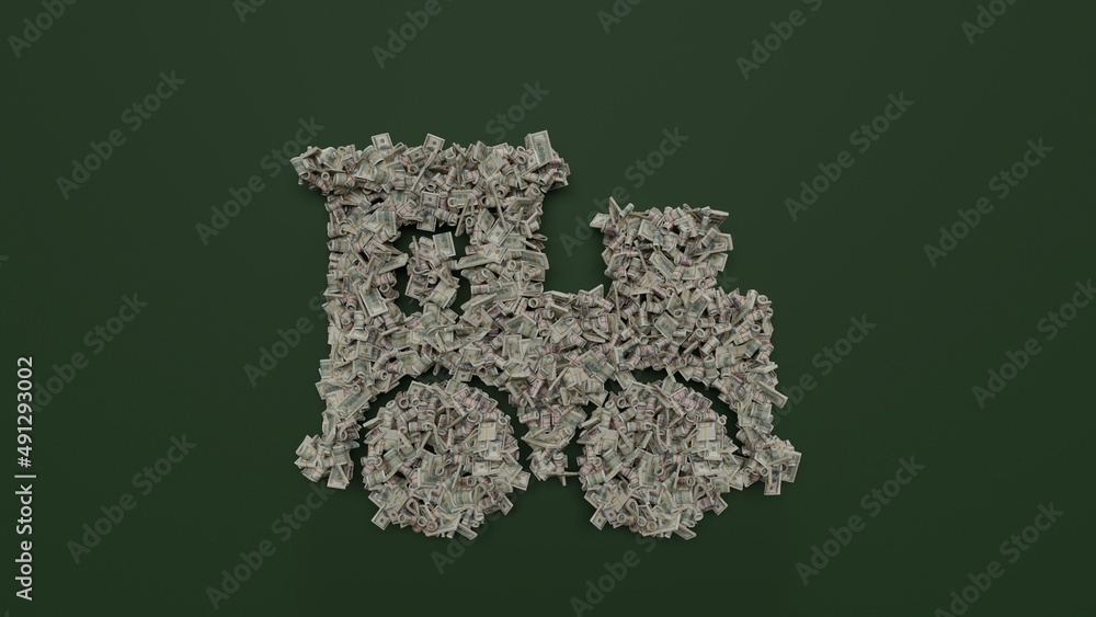 Poster 3d rendering of dollar cash rolls and stacks in shape of symbol of toy train on green background