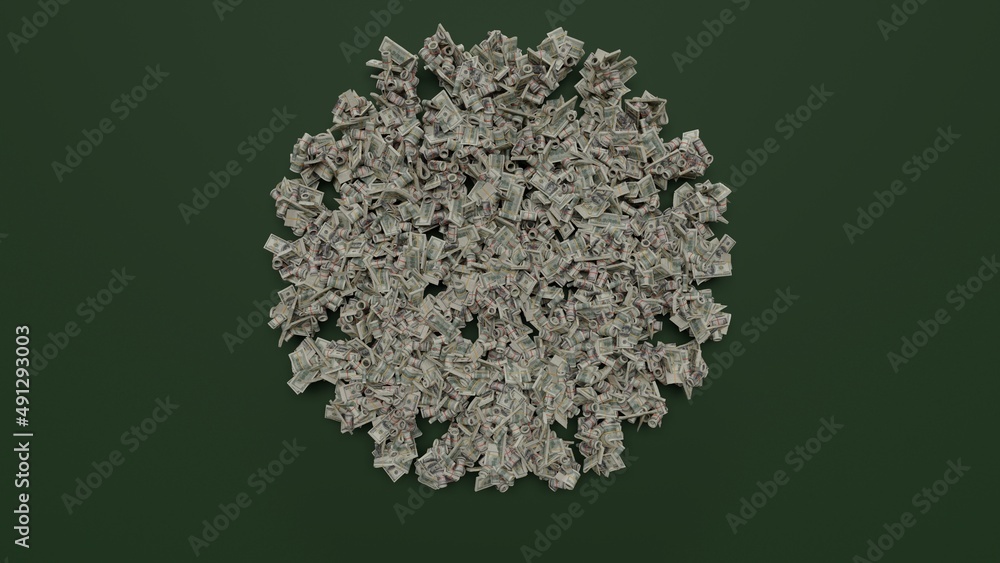 Aufkleber 3d rendering of dollar cash rolls and stacks in shape of symbol of snowflake on green background