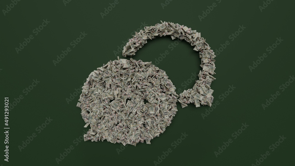 Poster 3d rendering of dollar cash rolls and stacks in shape of symbol of rounded chat bubbles on green bac