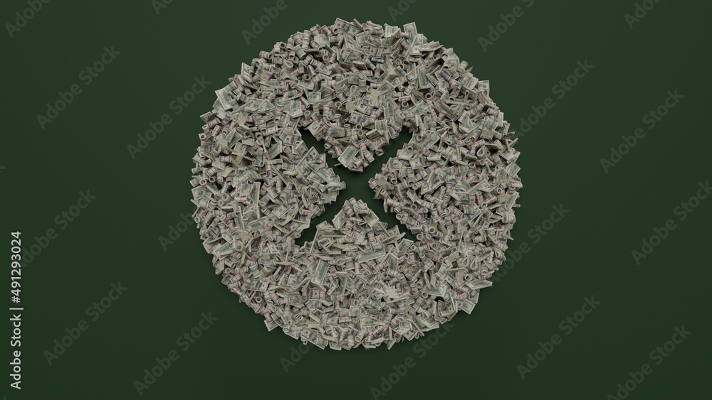 Poster 3d rendering of dollar cash rolls and stacks in shape of symbol of error on green background