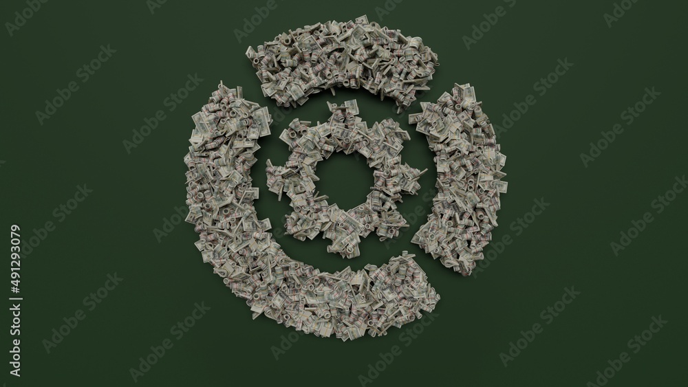 Poster 3d rendering of dollar cash rolls and stacks in shape of symbol of diagram on green background