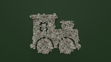 3d rendering of dollar cash rolls and stacks in shape of symbol of toy train on green background