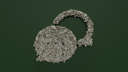 3d rendering of dollar cash rolls and stacks in shape of symbol of rounded chat bubbles on green background