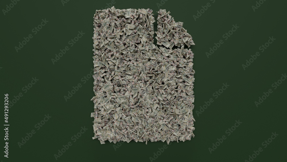 Aufkleber 3d rendering of dollar cash rolls and stacks in shape of symbol of file on green background