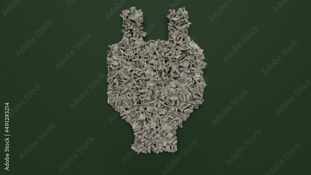 Poster 3d rendering of dollar cash rolls and stacks in shape of symbol of power on green background