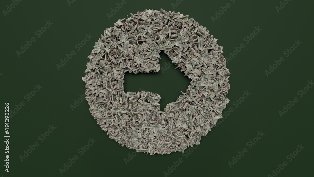 Poster 3d rendering of dollar cash rolls and stacks in shape of symbol of right arrow in circle on green ba