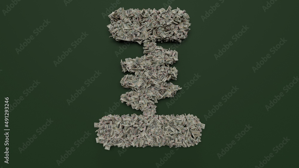 Poster 3d rendering of dollar cash rolls and stacks in shape of symbol of spring on green background