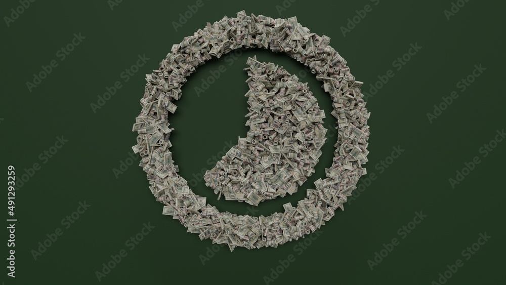 Poster 3d rendering of dollar cash rolls and stacks in shape of symbol of photo on green background