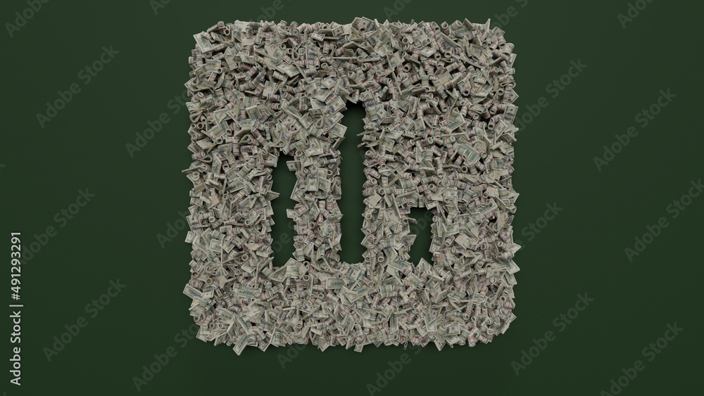Poster 3d rendering of dollar cash rolls and stacks in shape of symbol of square on green background