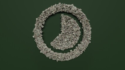 3d rendering of dollar cash rolls and stacks in shape of symbol of photo on green background